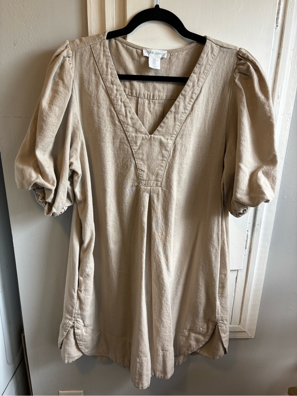 Cynthia Rowley Neutral Beige V-Neck Puff Sleeve Tunic Dress
